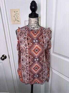 Women's Rust Geo Print Cold-Shoulder Blouse